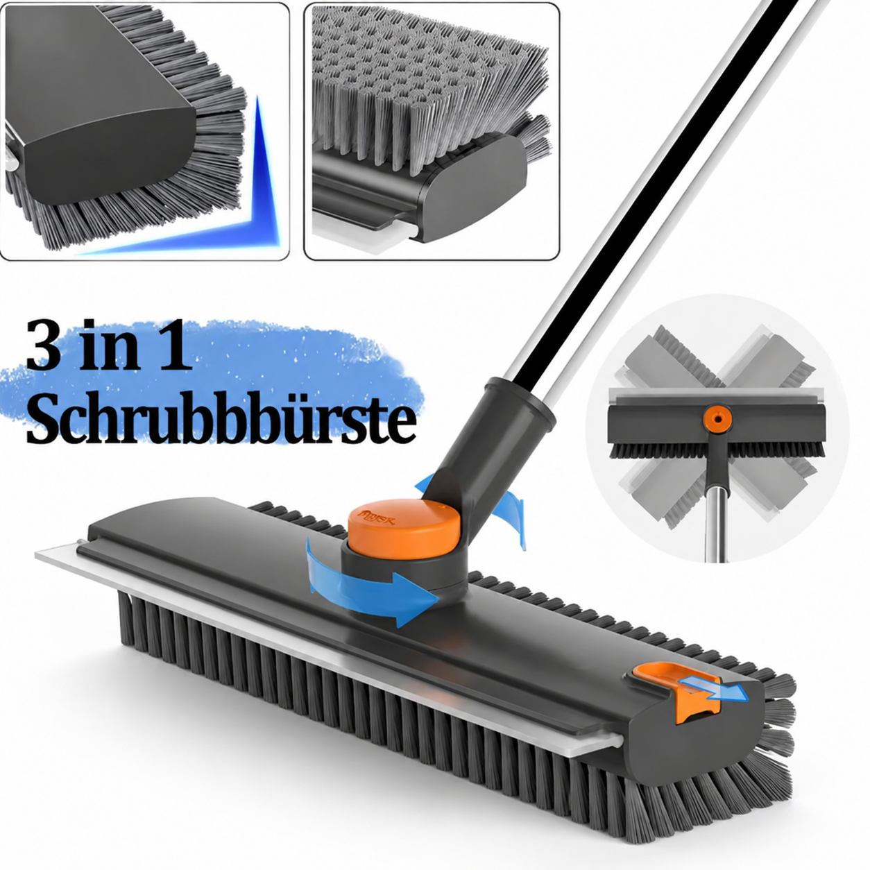 3-in-1 Schrubbbürste mit langem Stiel – Boden, Ecken & Dusche ohne Bücken | 360° drehbarer Kopf + Abzieher