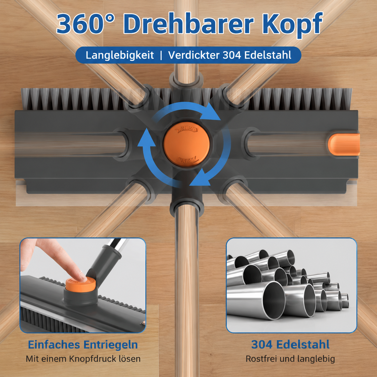 3-in-1 Schrubbbürste mit langem Stiel – Boden, Ecken & Dusche ohne Bücken | 360° drehbarer Kopf + Abzieher
